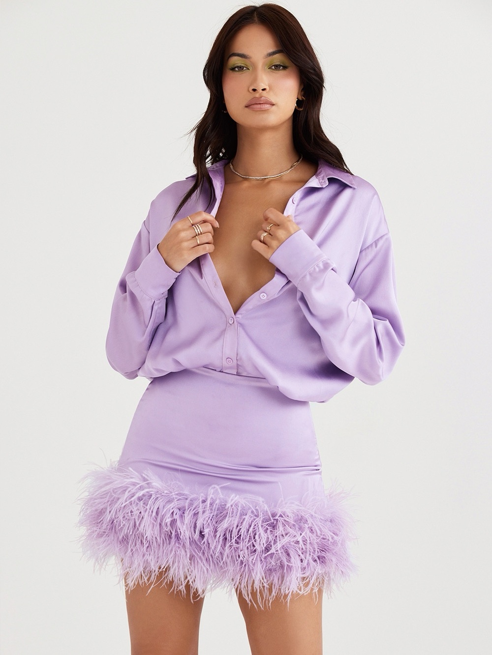 House of CB Tyra Orchid Satin Shirt Dress Feather Trim Lavender S - Picture 2 of 12